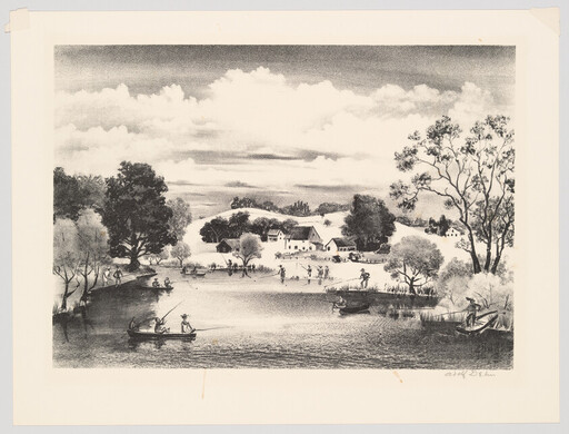 People fishing and boating on a calm lake near a small village with trees and hills.