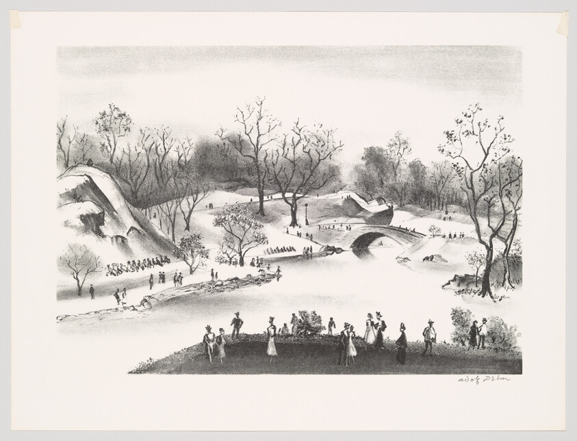 People ice skating and strolling on a frozen pond with a stone bridge and leafless trees.