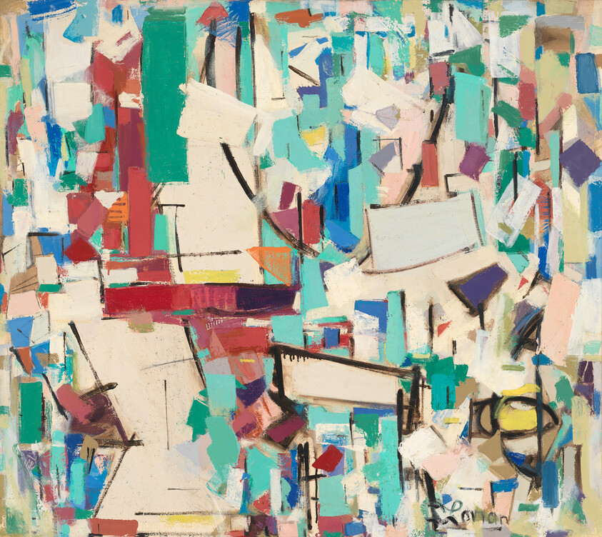 Colorful abstract painting with overlapping geometric shapes and bold brushstrokes in teal, red, and cream.