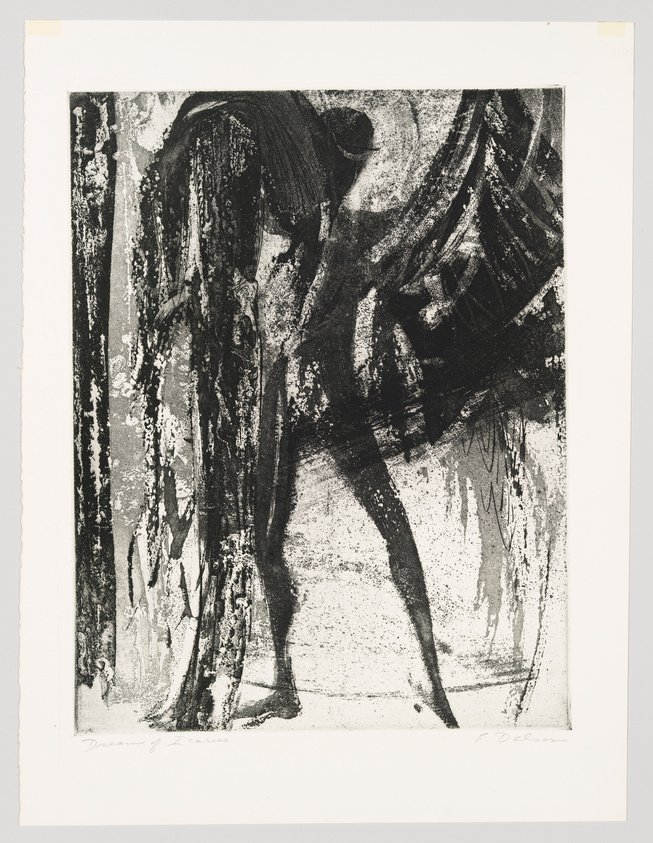 A black and white abstract print featuring a silhouette that resembles a human figure amidst textured patterns and shapes. The title "Dream of Venus" and the artist's signature are visible at the bottom. The artwork is bordered by a white margin.