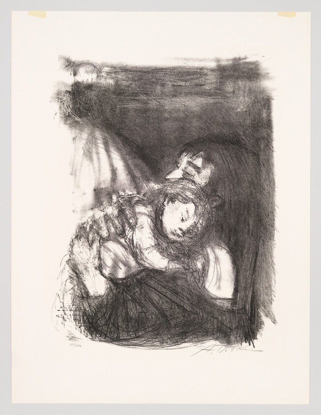A monochromatic lithograph depicting a mother cradling her child. The artwork is characterized by expressive, dark lines and shading, creating a sense of intimacy and tenderness between the figures. The image is signed and numbered at the bottom.