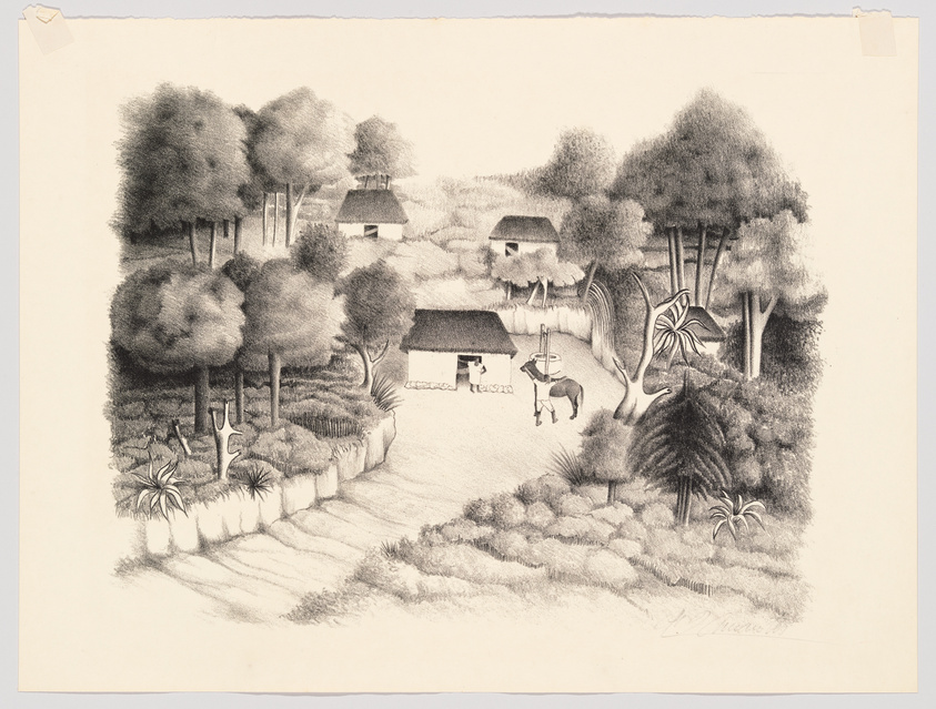 Pencil drawing of a serene rural landscape featuring thatched-roof cottages nestled among lush trees, with a path leading through the scene. A person with a donkey stands near the center, and various plants and shrubs are detailed throughout the artwork. The image conveys a peaceful, rustic setting.