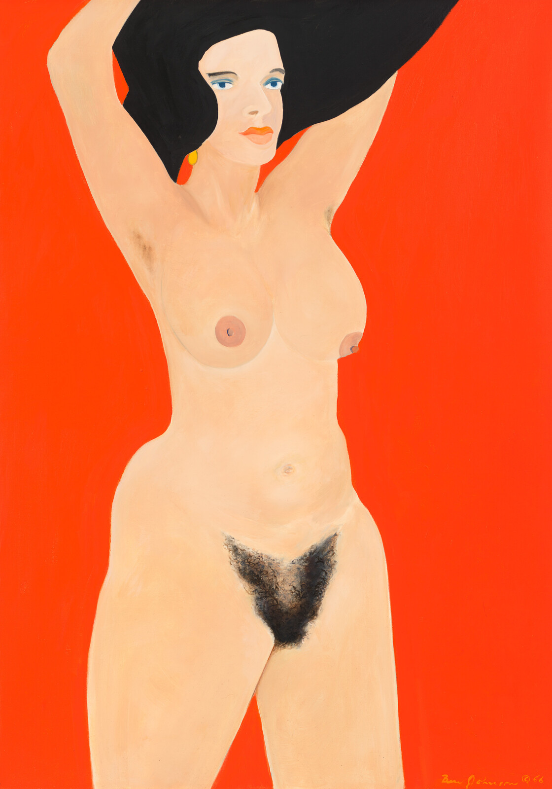 A nude woman with raised arms and dark hair against a bright red background.