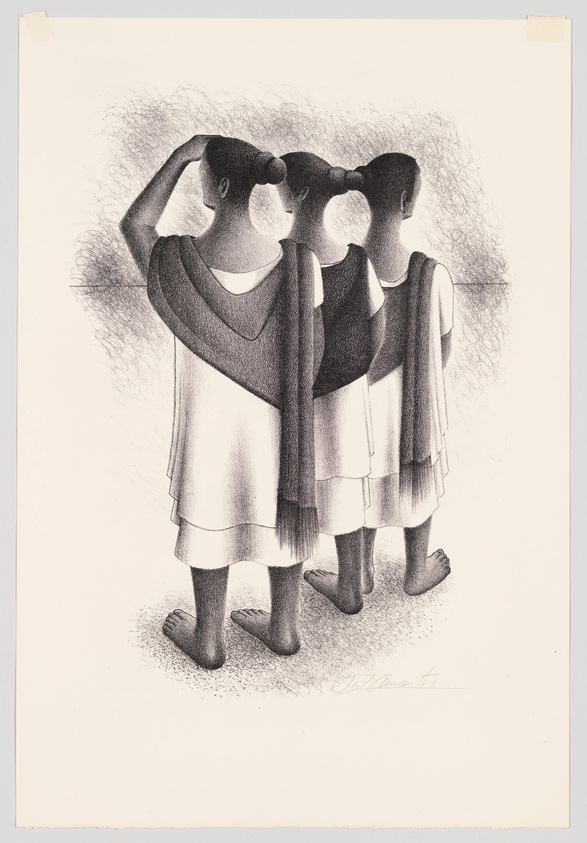 A black and white illustration depicting three stylized female figures with their backs to the viewer, each with one arm raised to their head in a mirrored pose. They are wearing sleeveless dresses with layered skirts and scarves draped over one shoulder. The figures are barefoot, and the artwork is signed by the artist in the lower right corner.