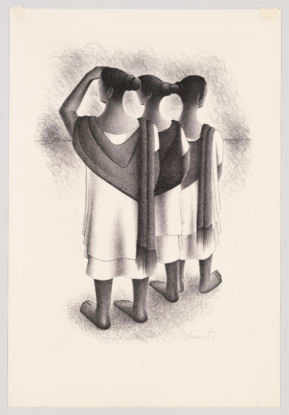 Three barefoot women stand closely together, viewed from behind, wearing simple dresses and shawls.