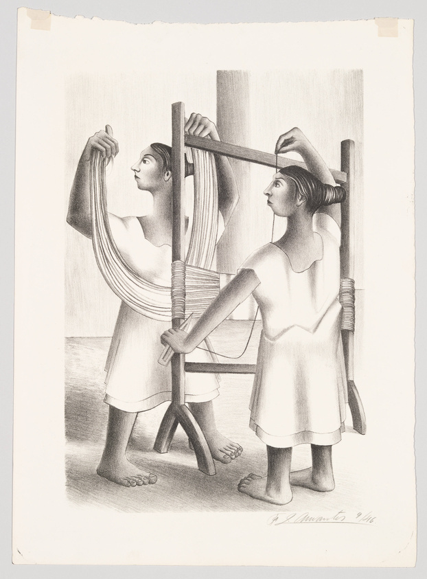 A black and white illustration depicting two women in ancient Greek attire operating a large vertical loom. The woman on the left is reaching up to adjust the threads, while the woman on the right holds a bar steady. Both are focused on their task, and the scene is rendered with detailed shading to emphasize the texture of the fabric and the figures' serene expressions.