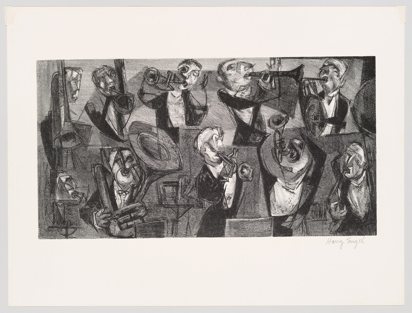 A lively brass band of musicians energetically playing trumpets, trombones, and tubas in performance.