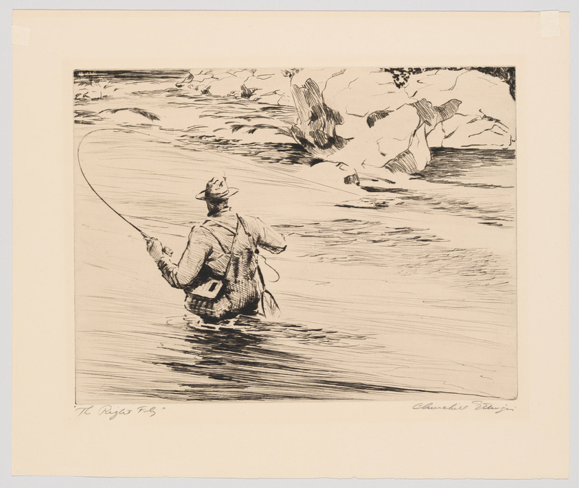 A black and white illustration of a fisherman wading in water, casting a line with a fly fishing rod. He is wearing a wide-brimmed hat and a vest, and is surrounded by a dynamic water surface with ripples and waves. In the background, several birds are in flight above the water. The artwork is signed and dated in the lower right corner.