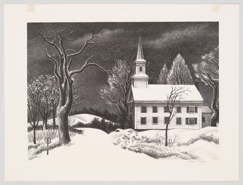 A white church with a tall steeple stands in a snowy landscape under a dark, cloudy sky.