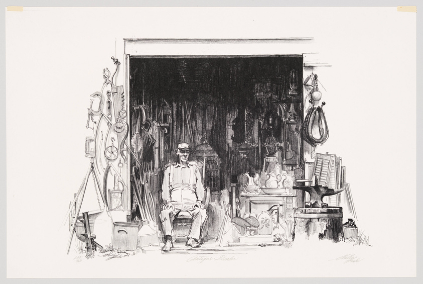 A black and white sketch depicting an elderly man sitting on a chair in the doorway of a cluttered workshop or garage filled with various tools, equipment, and objects such as birdcages, a lantern, and a boxing punching bag. The man is wearing a cap, glasses, overalls, and a light shirt, and has a relaxed posture with his hands on his thighs. The environment suggests a space rich with history and stories, possibly a lifetime of collected items and memories.