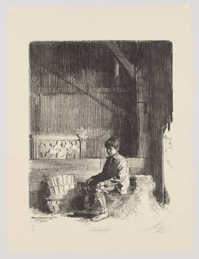 A detailed etching of a young boy sitting on a straw bed inside a rustic wooden structure. The boy is wearing a long-sleeve shirt and pants, with one foot resting on a wooden bucket. Behind him, a shelf holds various objects, and the rough texture of the wooden walls and beams is prominently featured. The artwork is signed by the artist in the lower right corner.