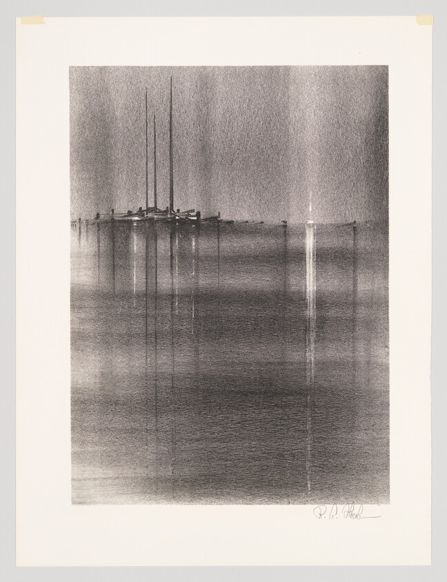 Pencil drawing of sailboat masts reflected in calm water, with a soft, hazy background suggesting fog or mist, signed by the artist in the lower right corner.
