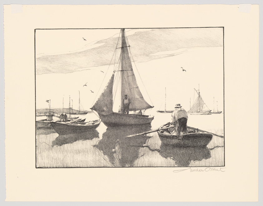 A detailed sketch of a serene harbor scene with various boats, including a prominently featured sailboat and a rowboat with a figure rowing. Seagulls are visible in the sky, suggesting a coastal setting. The artwork is signed by the artist in the lower right corner.