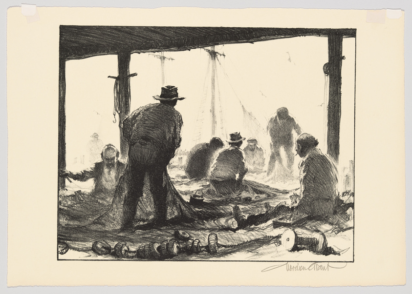 A black and white sketch depicts a group of fishermen working under a shelter on a sunny day. One stands in the foreground with his back to the viewer, wearing a hat, while others are seated or standing, handling nets and ropes. Sunlight filters through the shelter, casting bright areas and shadows across the scene. The artist's signature is visible in the lower right corner.