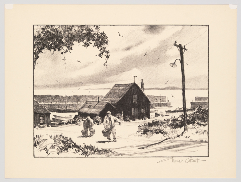 A black and white illustration depicting a rustic coastal scene with two figures walking in the foreground, possibly carrying baskets. There are simple wooden buildings, a utility pole with a streetlight, and boats visible in the background. The sky is filled with flying birds, and there's a body of water in the distance. The artist's signature is in the lower right corner.