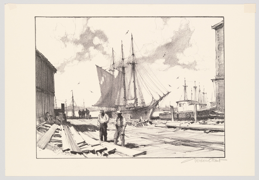 A sketch of a bustling harbor scene with two men in the foreground, possibly workers, standing on a wooden dock. A large sailing ship with raised sails dominates the midground, surrounded by various other boats and ships. Buildings flank the scene on the left, and a clear sky with a few clouds and birds is visible above. The artist's signature is in the bottom right corner.