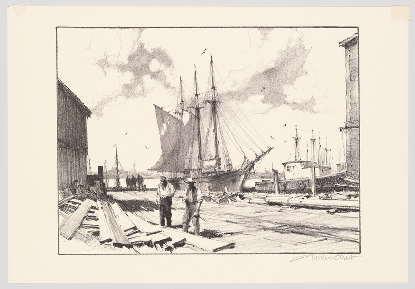 A sketch of a bustling harbor scene with two men in the foreground, possibly workers, standing on a wooden dock. A large sailing ship with raised sails dominates the midground, surrounded by various other boats and ships. Buildings flank the scene on the left, and a clear sky with a few clouds and birds is visible above. The artist's signature is in the bottom right corner.