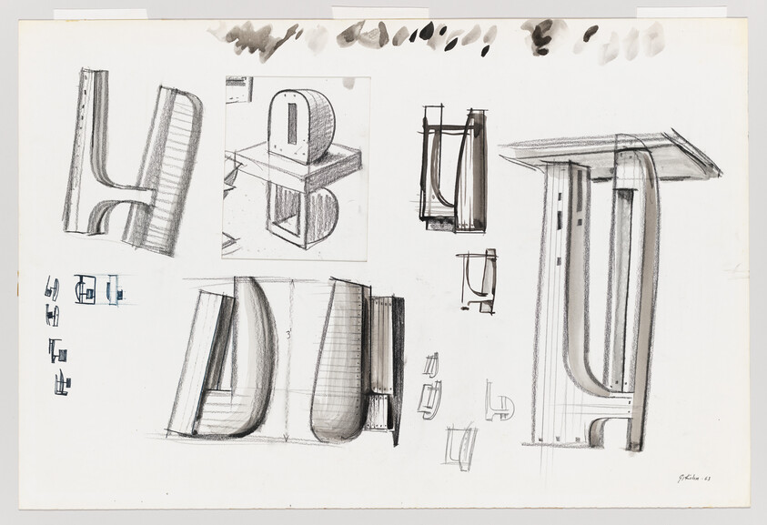 Multiple pencil and ink sketches of curved structural and furniture leg designs on white paper.