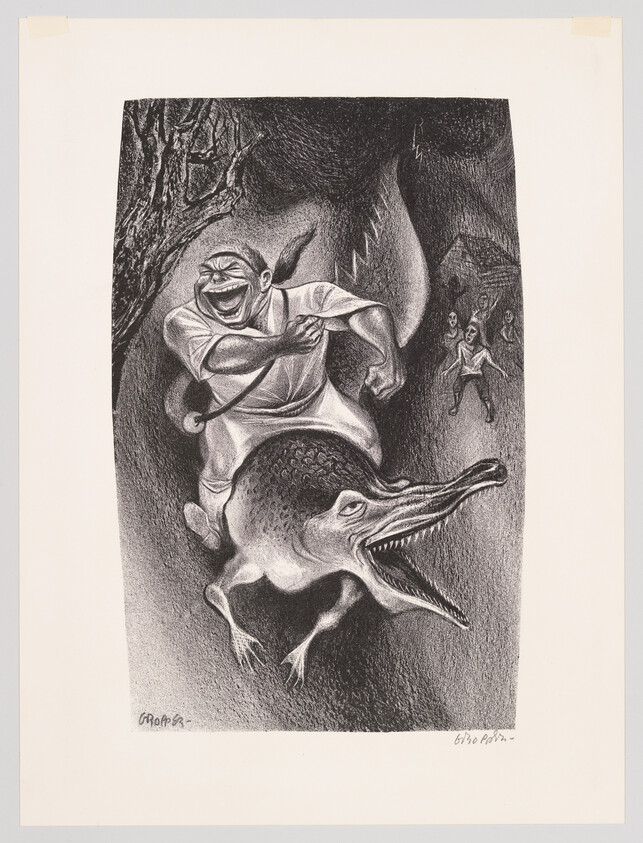 A black and white illustration depicting a surreal scene with a large, menacing figure wearing a mask and a traditional Japanese robe wrestling a giant salamander. In the background, a group of smaller figures appear to be running away or dancing. The artwork is detailed with expressive lines and shading, creating a dynamic and somewhat unsettling composition. The artist's signature is visible in the lower left corner.