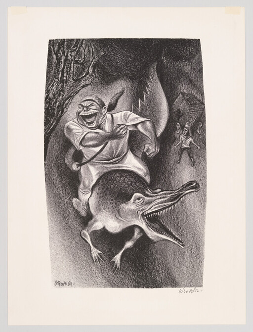 A laughing man rides a strange crocodile-like creature while two figures run away in the background.