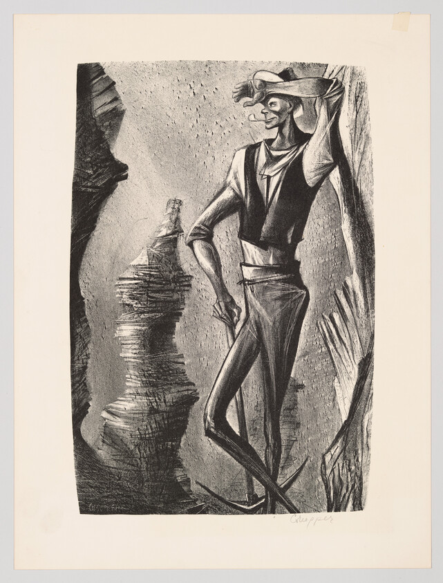 A black and white lithograph depicting a stylized, elongated figure of a man leaning against a rock wall. The man, who has a pronounced chin and a wide grin, is wearing a wide-brimmed hat, a vest, and trousers. He holds his hat with one hand while the other hand rests on his hip. The artwork has a dynamic, angular style, with strong contrasts and textured shading. The artist's signature, "Grosz," is visible in the lower right corner.