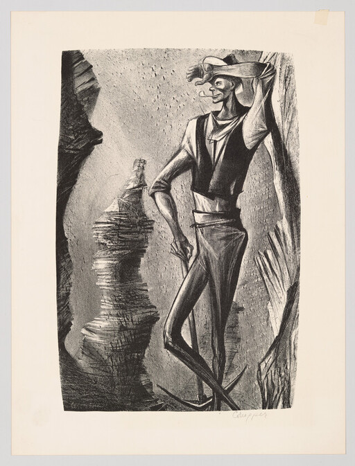 A tall, thin man in sailor-style clothes leans against a rock smoking a pipe.