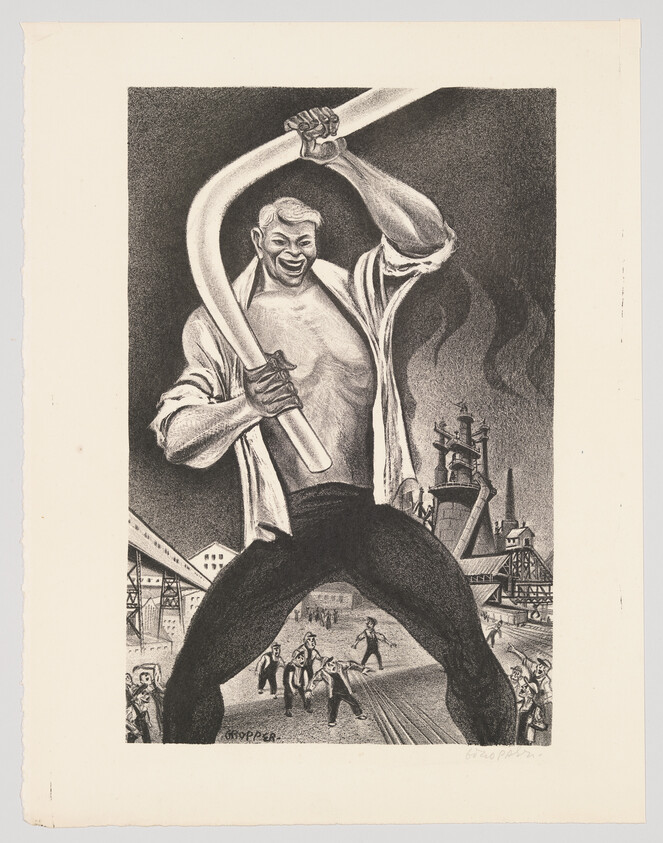 A black and white illustration depicting a muscular man in a dynamic pose, laughing as he bends a large pipe above his head. He wears a white shirt and black pants, and his expression is one of joy and exertion. In the background, a group of smaller figures appear to be fleeing or reacting to the man's display of strength. Industrial structures, including a factory with smokestacks, form the backdrop of the scene. The artwork has a signature in the bottom right corner.