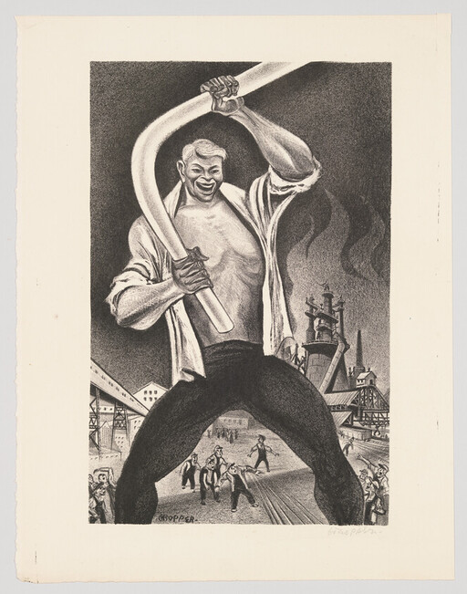 A giant steelworker stands triumphant bending a large metal pipe in front of watching factory workers.