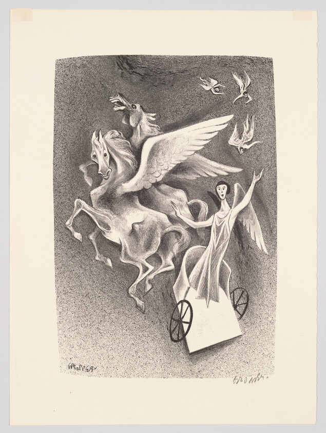 A black and white illustration depicting a surreal scene with a winged horse and several birds in flight, alongside a figure with outstretched arms and wings, standing on a platform with wheels. The artwork has a dreamlike quality and is signed by the artist in the lower left corner.