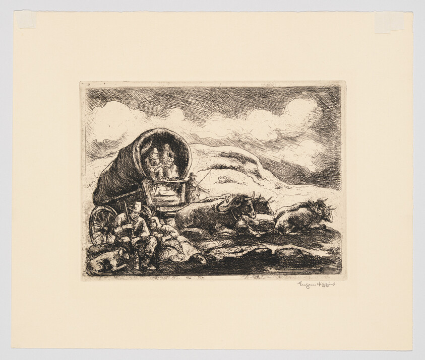 Covered wagon pulled by oxen with travelers resting by the roadside under cloudy sky.