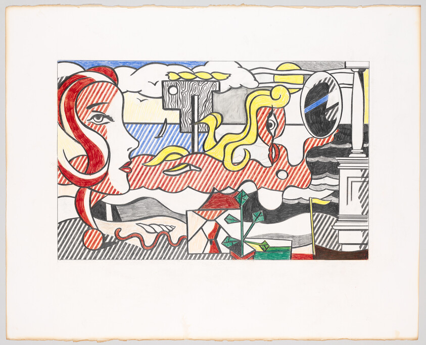 Colorful abstract artwork with a woman's profile, swirling patterns, and geometric shapes.