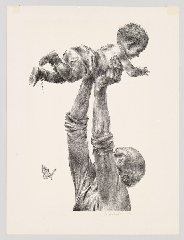 Man lifts laughing baby high above his head while a butterfly floats nearby.