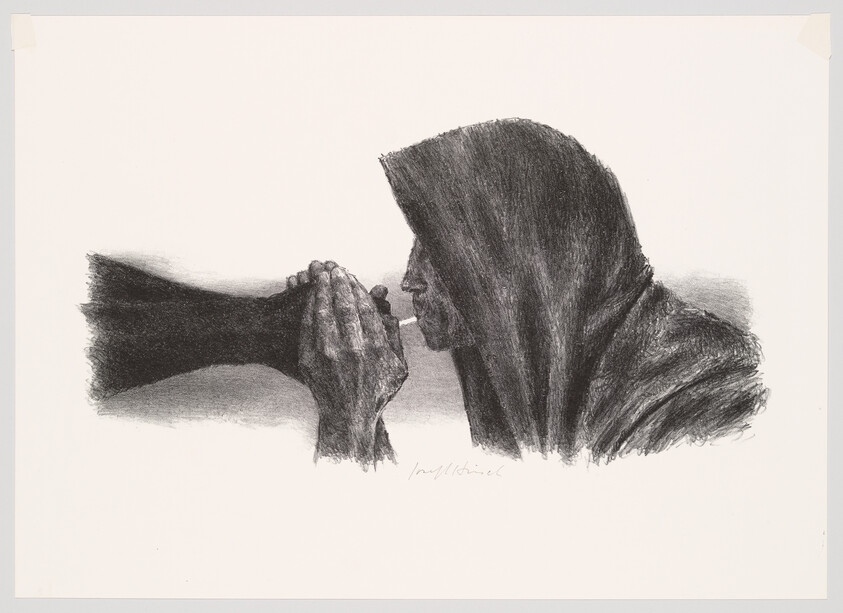 A pencil drawing depicting a side profile of a person praying with their hands clasped together. The individual's head is bowed down towards their hands, and they are enveloped in a dark, textured shroud or hood. The artwork is monochromatic, with a focus on light and shadow to create depth. The artist's signature is visible in the bottom right corner.
