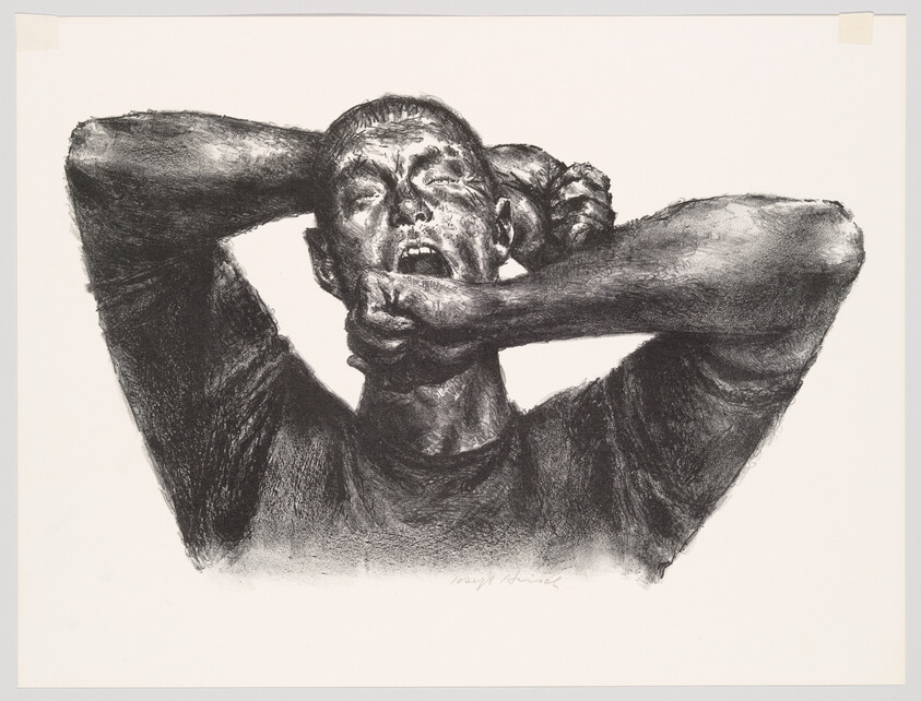 A man grasps his face and neck with both hands, mouth open in visible distress.