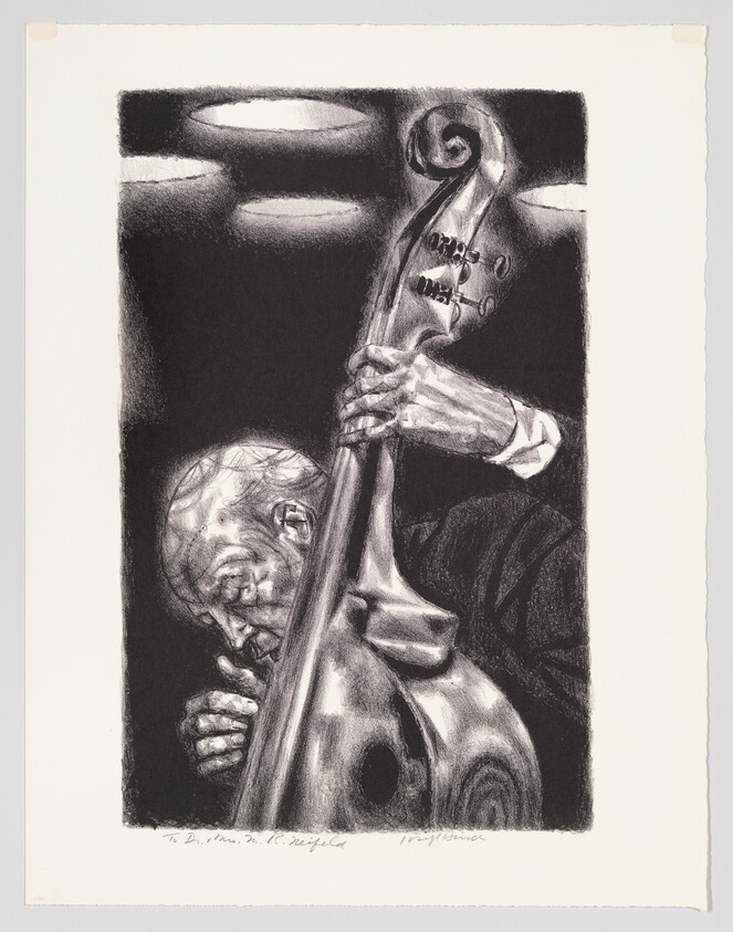An elderly man concentrates while playing a large upright bass under round stage lights.