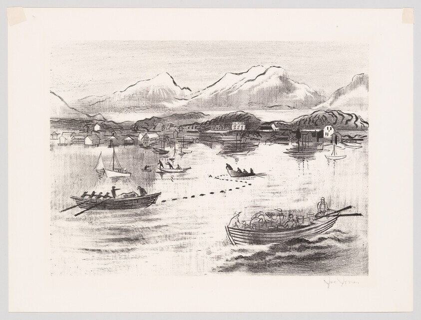 Several rowboats carrying fishermen and passengers cross a calm harbor with a village and mountains beyond.