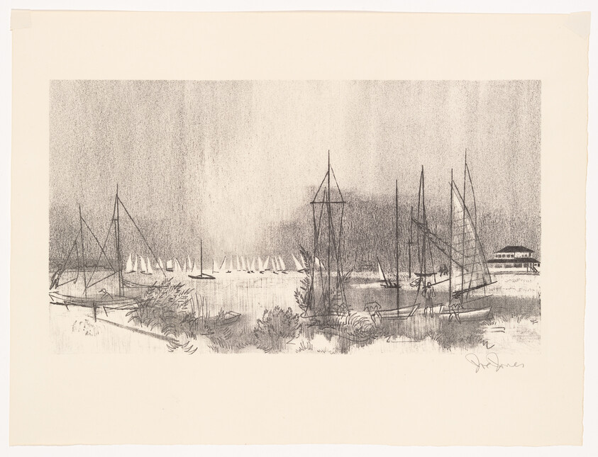 Several sailboats and masts sit moored in a calm harbor with distant sails and a boathouse.