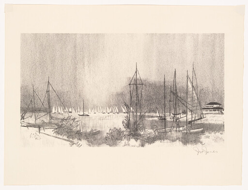 Several sailboats and masts sit moored in a calm harbor with distant sails and a boathouse.