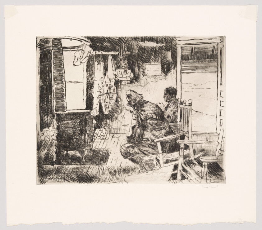 Two men sit inside a rustic room near a stove, one leaning forward in thought.