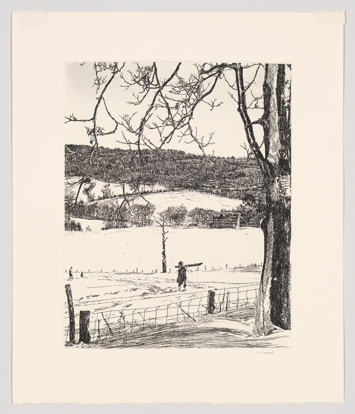 Person carrying a long sled across a snow-covered field framed by bare trees and a fence.