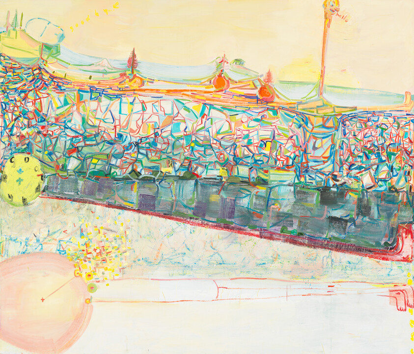 Colorful abstract mosaic-like wall with reflective water strip and pale sky above.