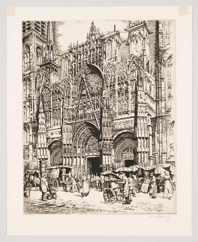 Gothic cathedral façade with busy street market, vendors, carts, and pedestrians in front.