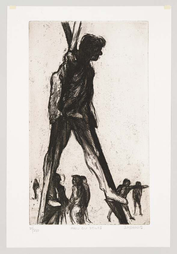 A tall man walks on stilts towering above small groups of people below.