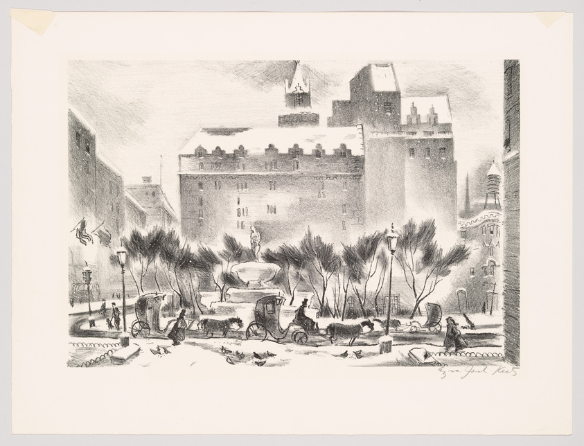 Pencil sketch of an urban scene with horse-drawn carriages and pedestrians on the streets, surrounded by buildings and trees, with a prominent building in the background featuring a tower and flag. The artwork is signed by the artist in the lower right corner.