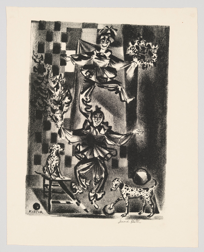 A black and white lithograph by Käthe Kollwitz depicting a lively scene with three jesters in a checkered room. The central figure is juggling, with one jester above holding a bouquet and another below in a handstand. A spotted dog stands to the right, and various objects like a ball and a mask are scattered on the floor. The artist's signature is visible in the bottom right corner.