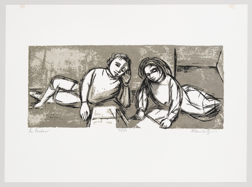 A sketch of two figures, one sitting upright and the other lying down, both with a contemplative or restful demeanor, set against a textured background. The artwork is numbered and signed by the artist.