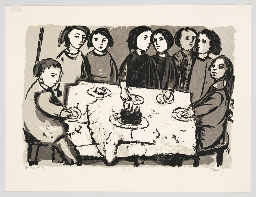 A black and white print depicting eight stylized figures seated around a table with a cake in the center. The figures appear solemn or contemplative, with simple facial features and clothing. The artwork has a rough, expressive quality, with visible brush strokes and shading. There are signatures and edition numbers at the bottom of the print.