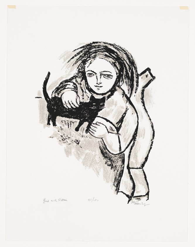 A black and white lithograph depicting a girl holding a cat with a signature at the bottom right corner. The artwork has a sketched, expressive style, and there is text at the bottom left that reads "Girl with Kitten."