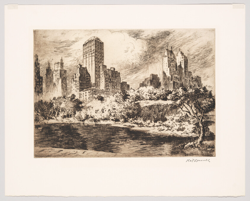 City skyline rises behind trees and a reflective pond in a calm lakeside scene.