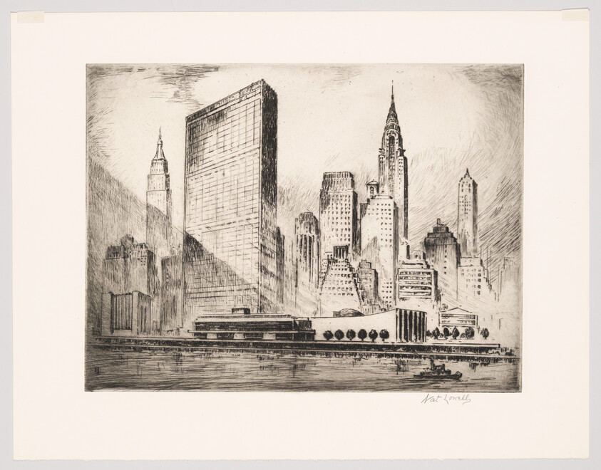 Etched city skyline with tall skyscrapers and a riverside promenade lined with trees.